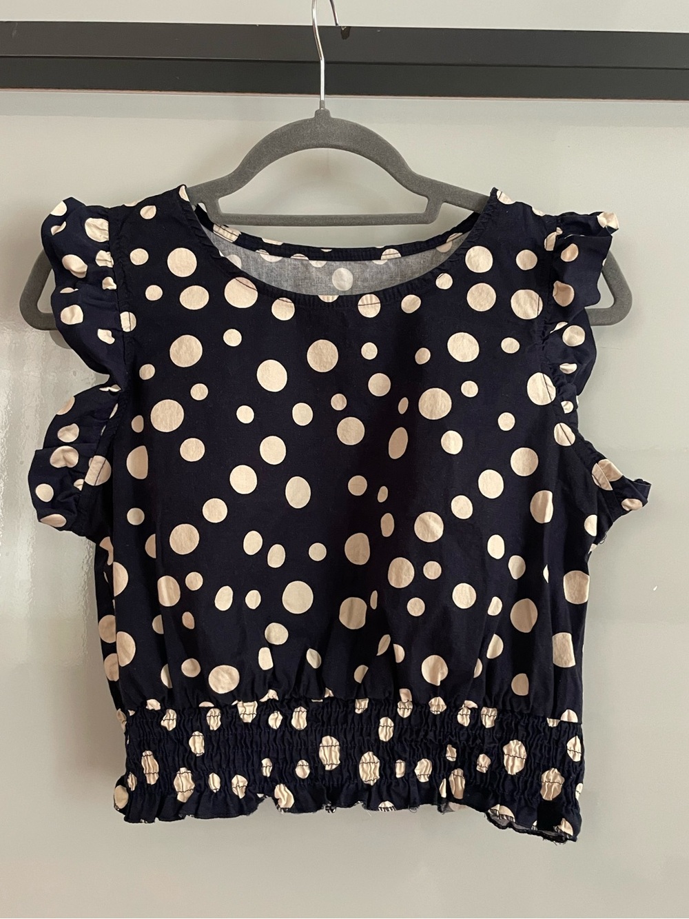 chic Navy Blue Polka Dot Ruffle Crop Top
